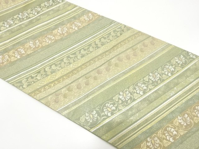 金糸　斜め縞に花更紗模様織り出し　袋帯
